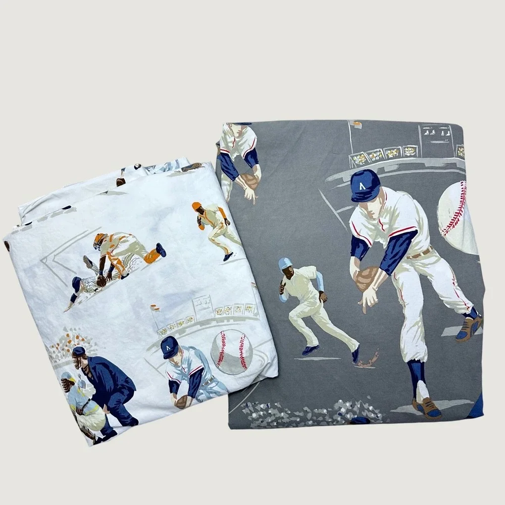 Pottery Barn Kids Twin Baseball Duvet Cover and Flat Sheet Organic Cotton Grey
